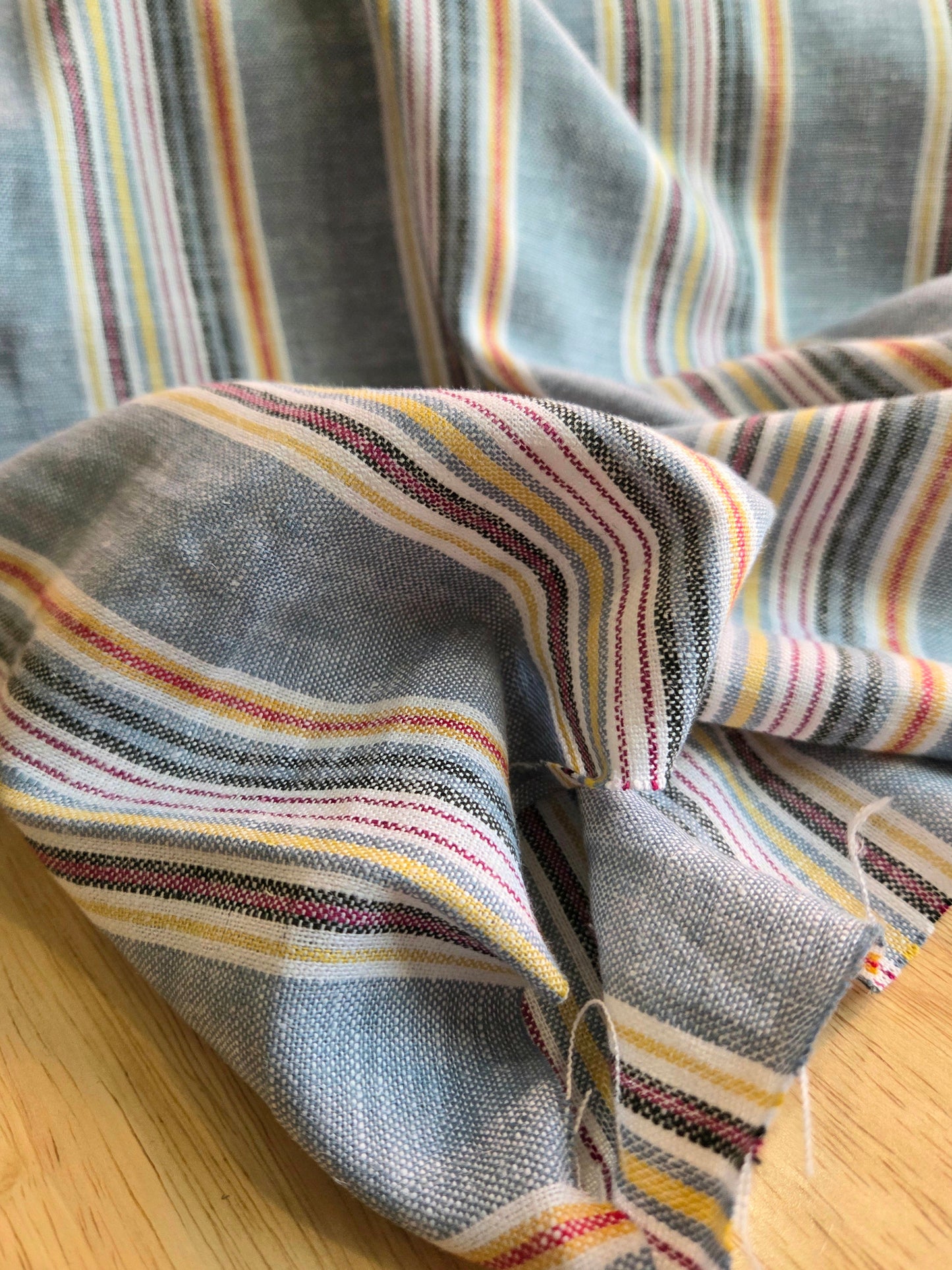 Designer Deadstock Linen Rayon Yarn Dyed Multi-Stripe Woven Red and Light Blue Woven- by the yard