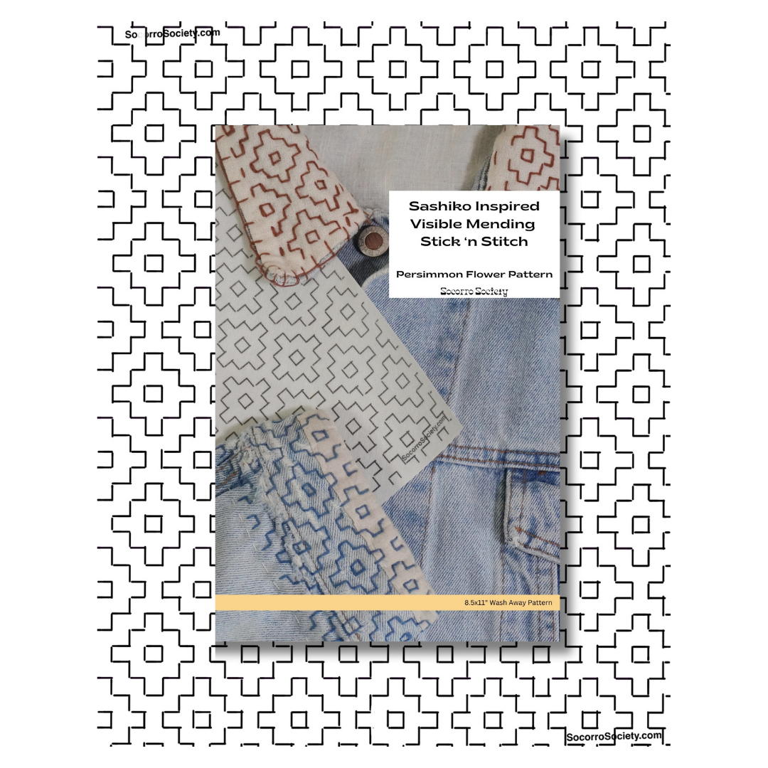 Pattern book titled 'Sashiko Inspired Visible Mending Stick n Stitch' on a white background with geometric border.