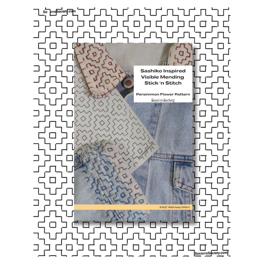 Pattern book titled 'Sashiko Inspired Visible Mending Stick n Stitch' on a white background with geometric border.