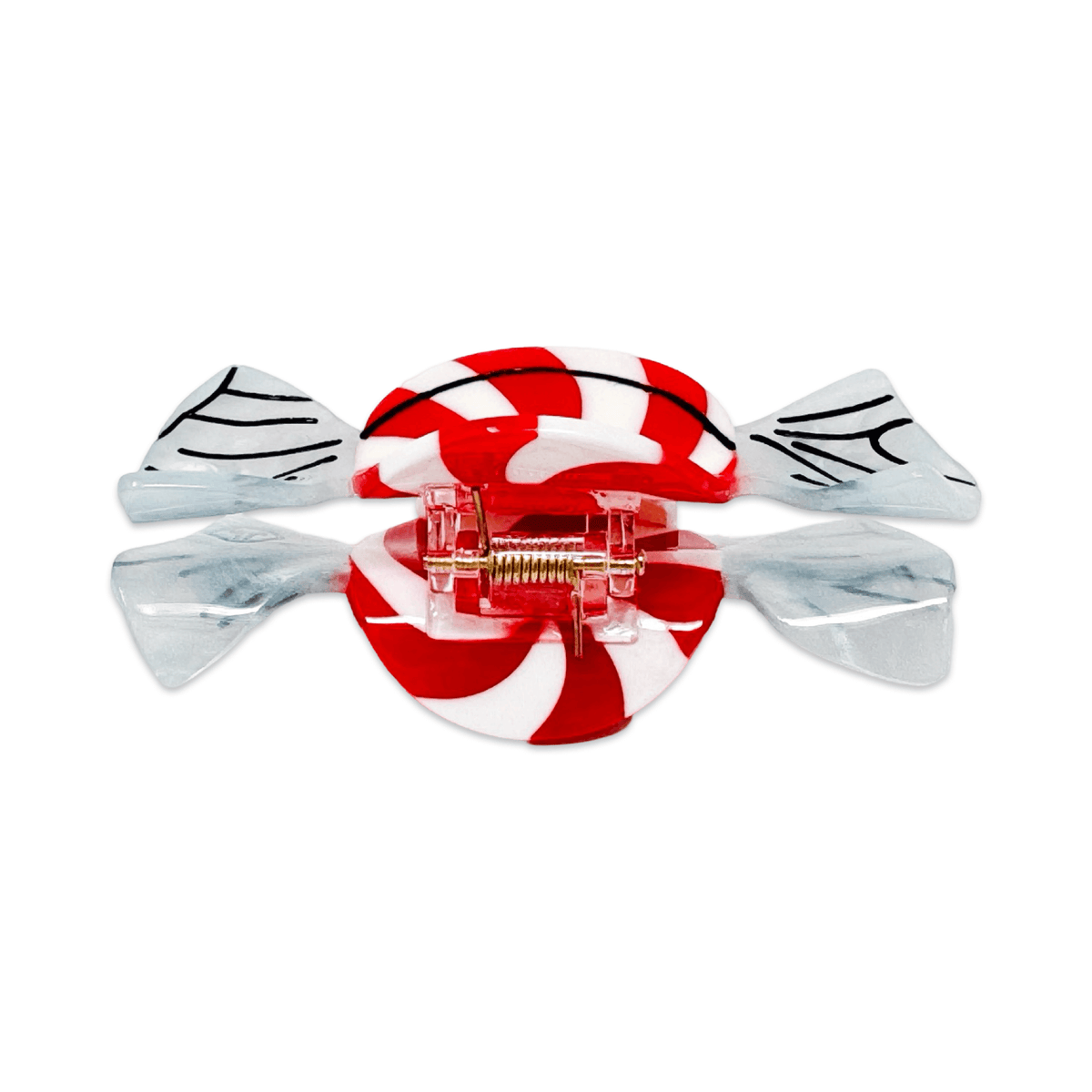 A candy-shaped hair claw clip with a red and white striped center and translucent clear wings with black line details, shown on a plain white background.