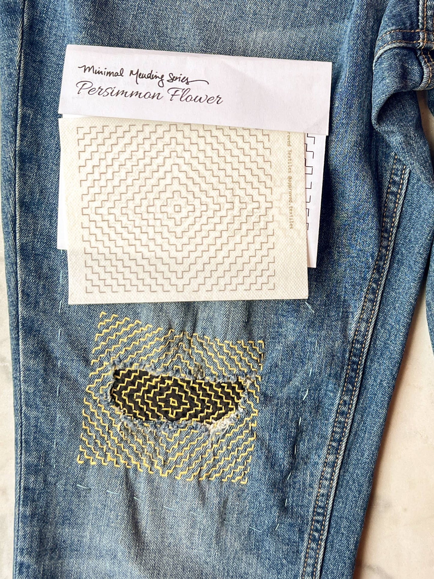 Sashiko and Mending Supplies:  Persimmon Flowers - Minimal Mending + Embellishment Wash Away Transfers ( 4 looks) -1 pack