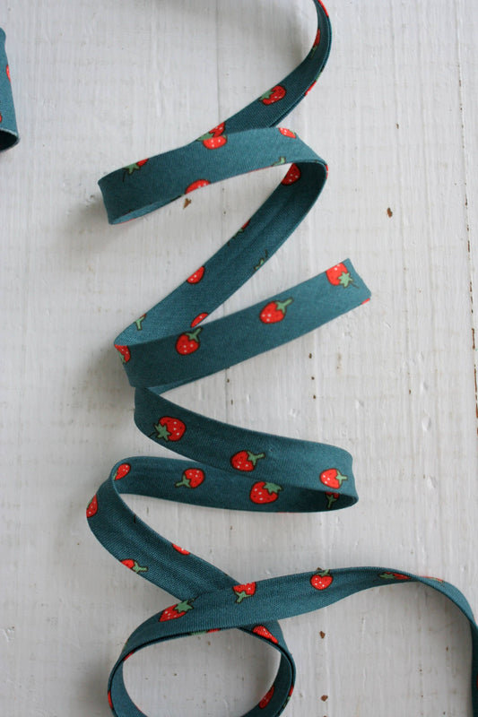Web Only Sewing Suuplies: 1/2" Double Fold Bias Binding Blue Strawberry Sewing Notions- Price per yard