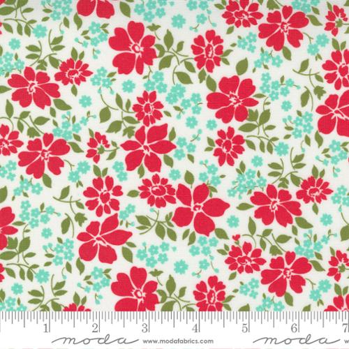 Floral fabric pattern with red, green, and turquoise flowers on a white background, featuring Moda label.  Christmas Fabric