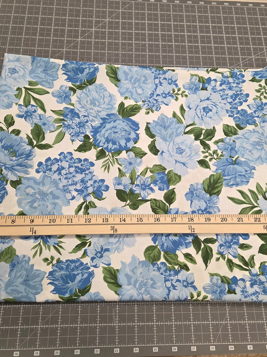 Designer Deadstock Cottage Core Floral Blue and White Roses Cotton Spandex Poplin Woven- by the yard