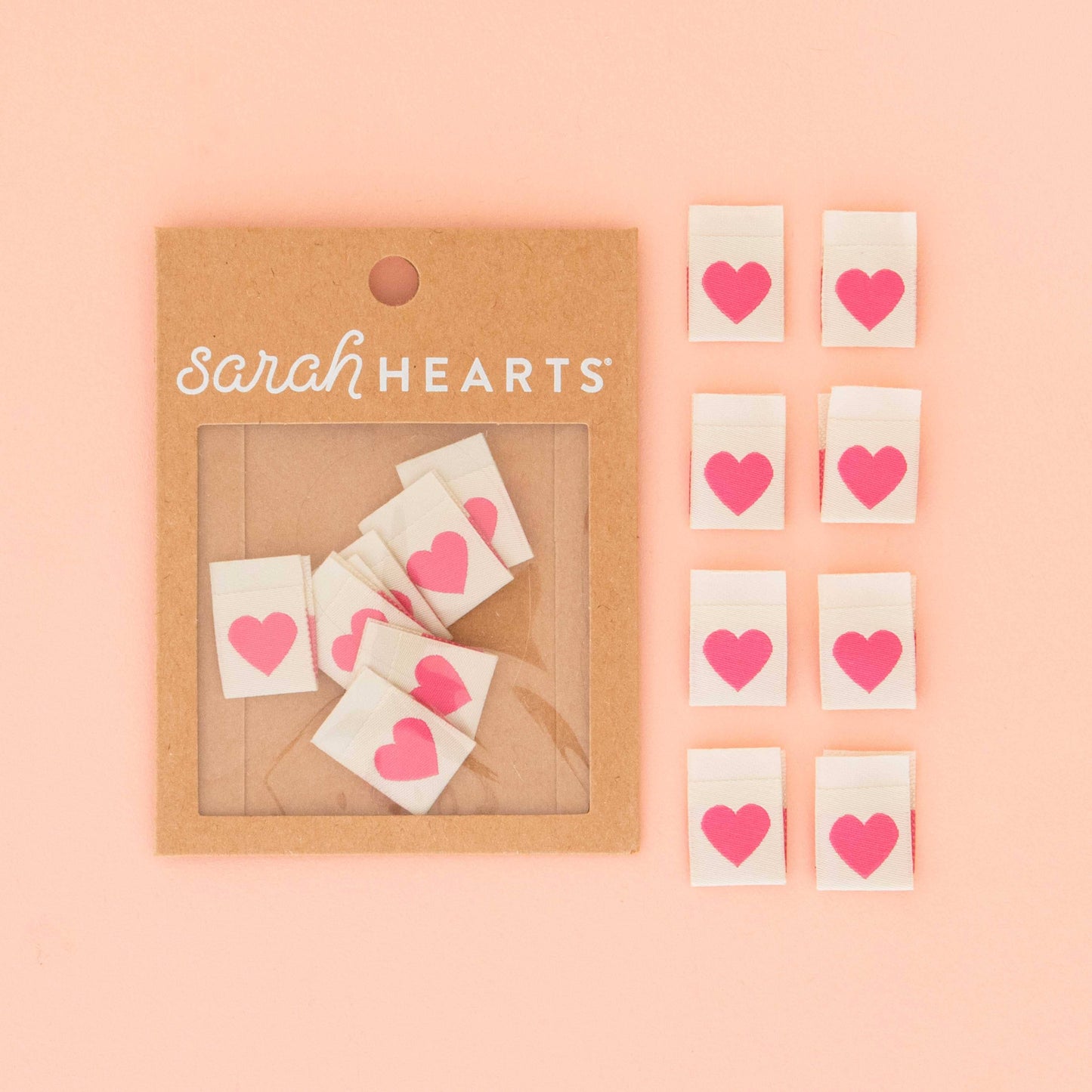 Sarah Hearts Pink Heart Woven Labels - Sewing Clothing Gift Tags- 1 pack