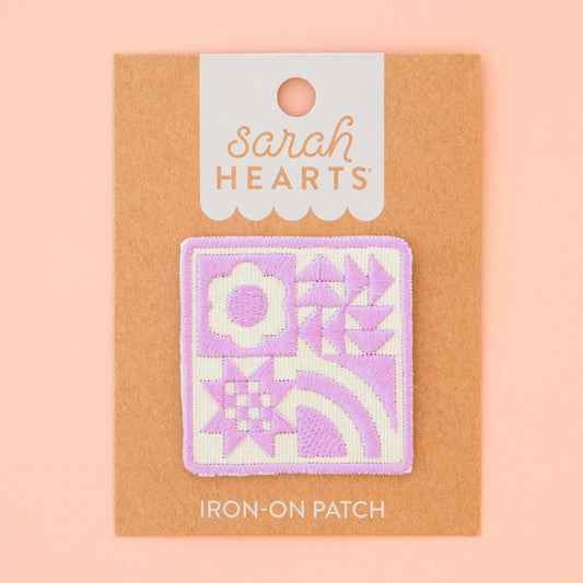 Notion: Sarah Hearts Woven Lavender Quilt Block Iron-On Patch- 1 pack
