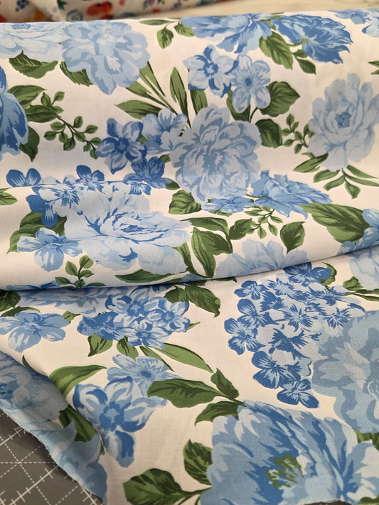 Designer Deadstock Cottage Core Floral Blue and White Roses Cotton Spandex Poplin Woven- by the yard
