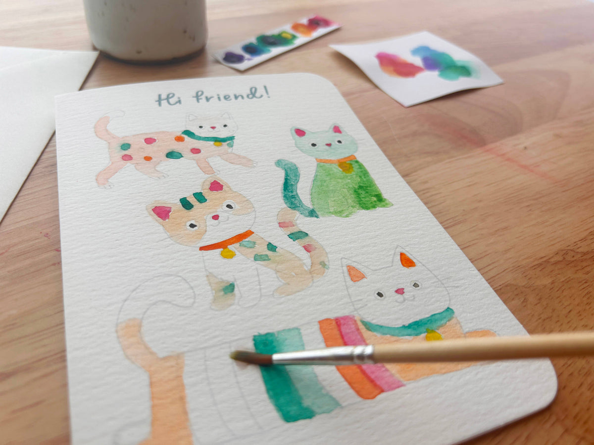 Analog Crafting: All in One Kitty Watercolor Greeting Card Kit, Kids Activity 5"x7" card- 1 Kit