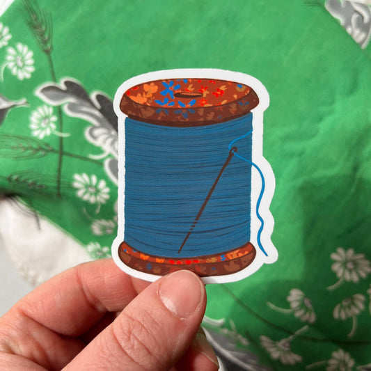 Stickers and Stationery: Blue Spool Of Thread Vinyl Sticker- ( 1.92"x 2.5")