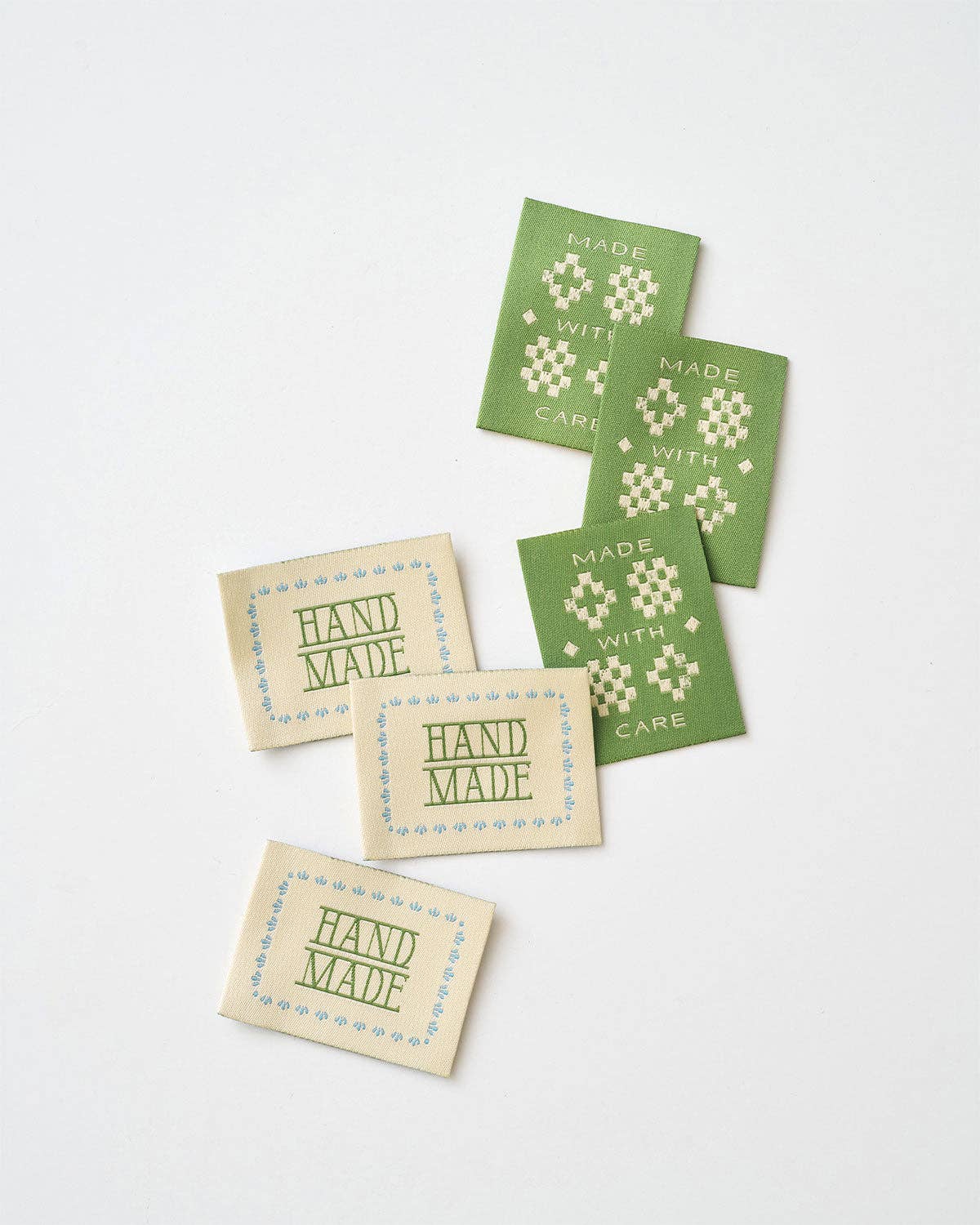 Sewing Labels: Made with Care Sketchy Quilt Green Woven Garment Labels-1 pack ( 6 labels)