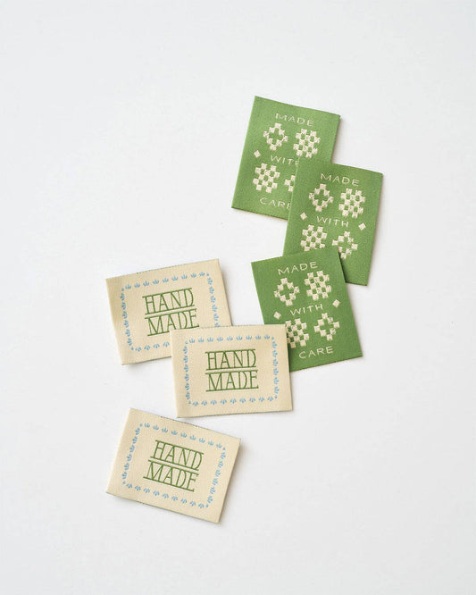 Sewing Labels: Made with Care Sketchy Quilt Green Woven Garment Labels-1 pack ( 6 labels)