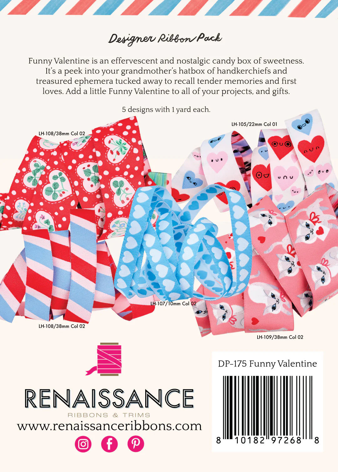 Ribbon & Trims Notion: Funny Valentine Designer Lizzy House Ribbon Pack- 5 yards total