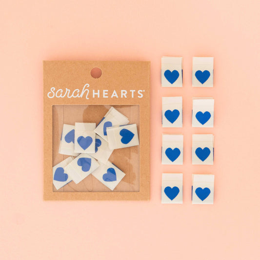 Sarah Hearts Blue Heart Woven Labels  - Sewing Woven Clothing Label Tags- 1 pack