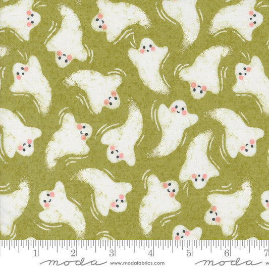 Moda Fabrics: Halloween Cotton Prints Hey Boo Witchy Green Ghosts Woven- By the Half yard