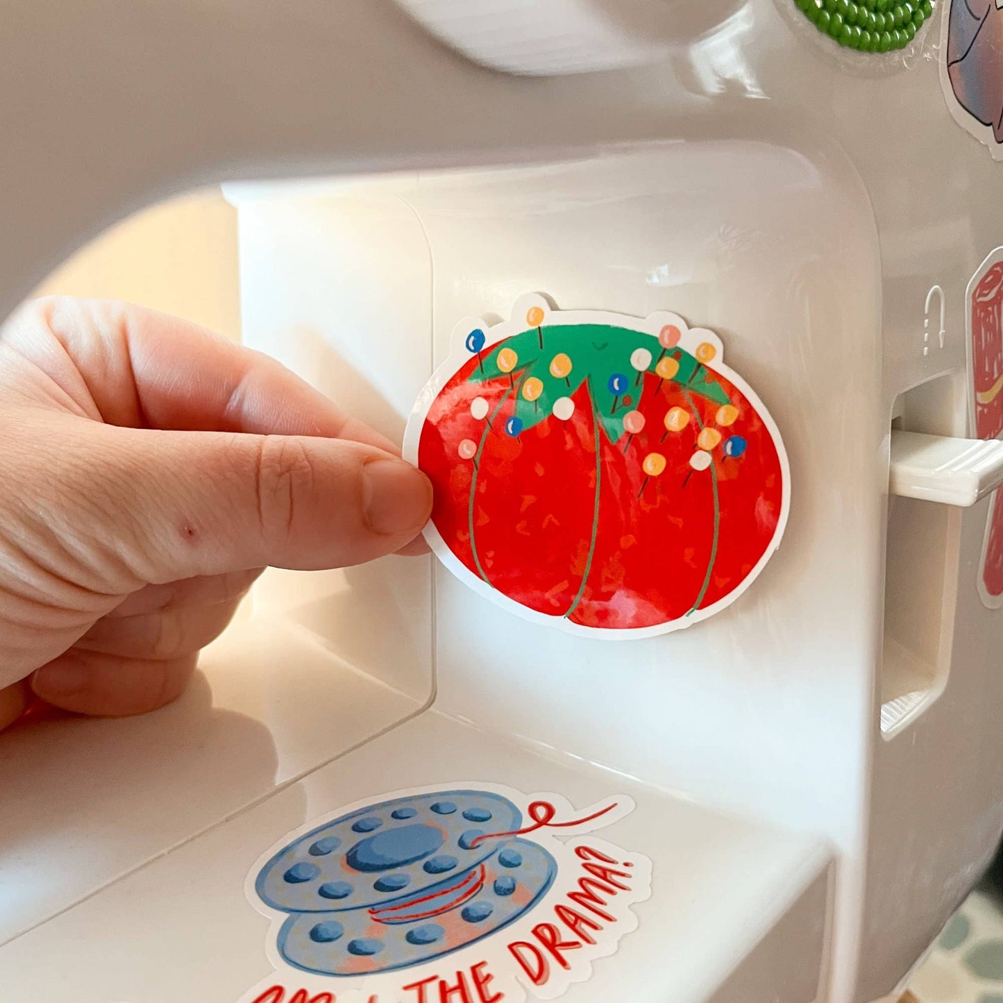 Stickers and Stationery: Red Pin Cushion Vinyl Sticker- (2.6"x 2.2")