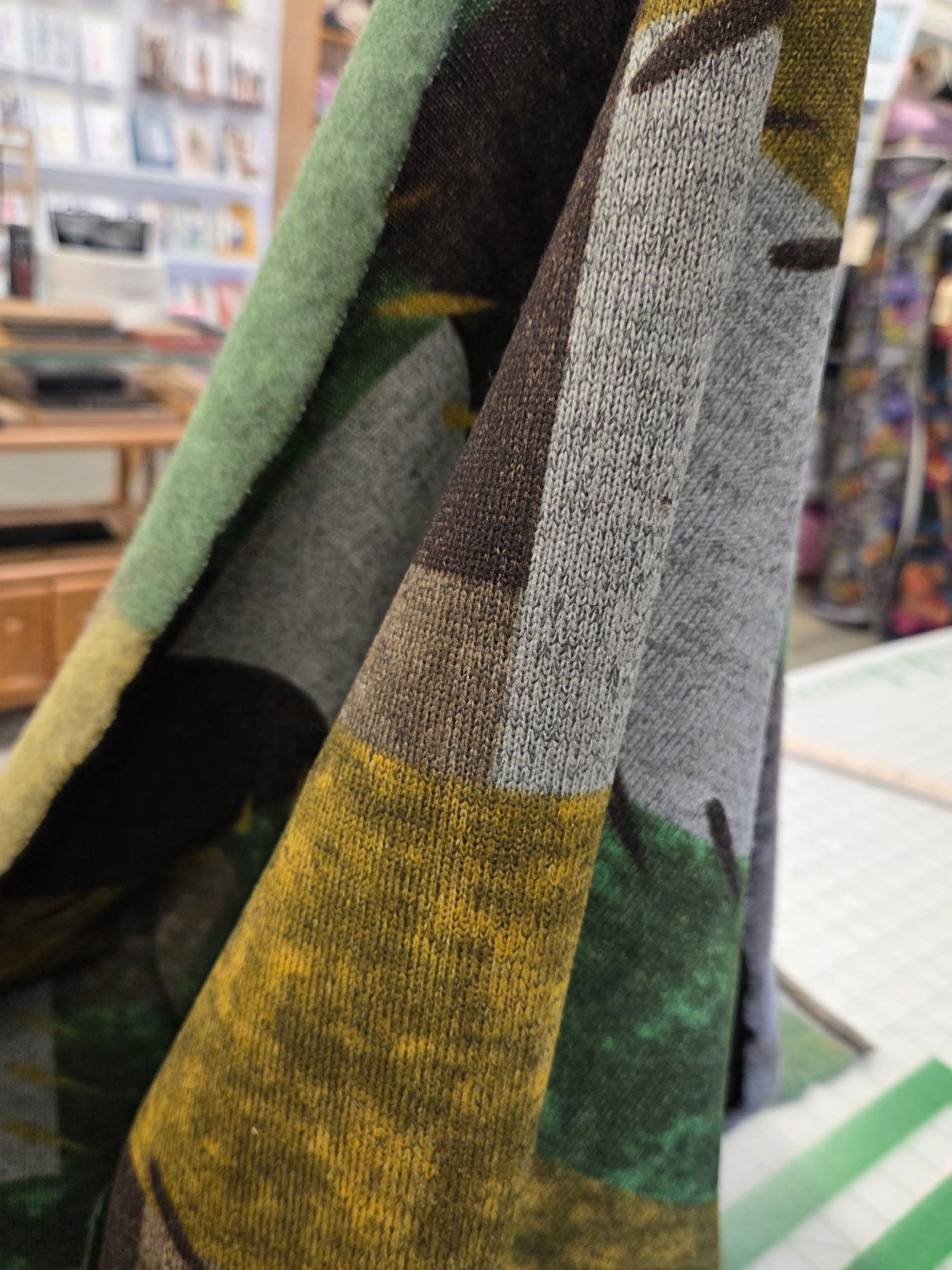 End of BOlt: 2 yards of Designer Deadstock Apparel Hacci Patchwork Green and Brown Printed Soft Fleece Knit-remnant