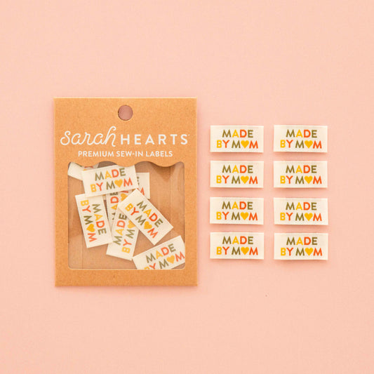 Notions: Sarah Hearts Made by Mom Woven Sewing Labels Earth Tones  -1 Pack