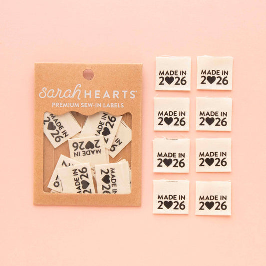 Notions: Sarah Hearts Made in 2026 Organic Cotton Centerfold Labels -1 pack