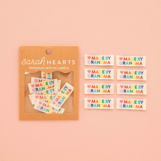 Notions: Sarah Hearts Made by Grandma Woven Sewing Labels Rainbow Colors-(8 labels)-1 pack