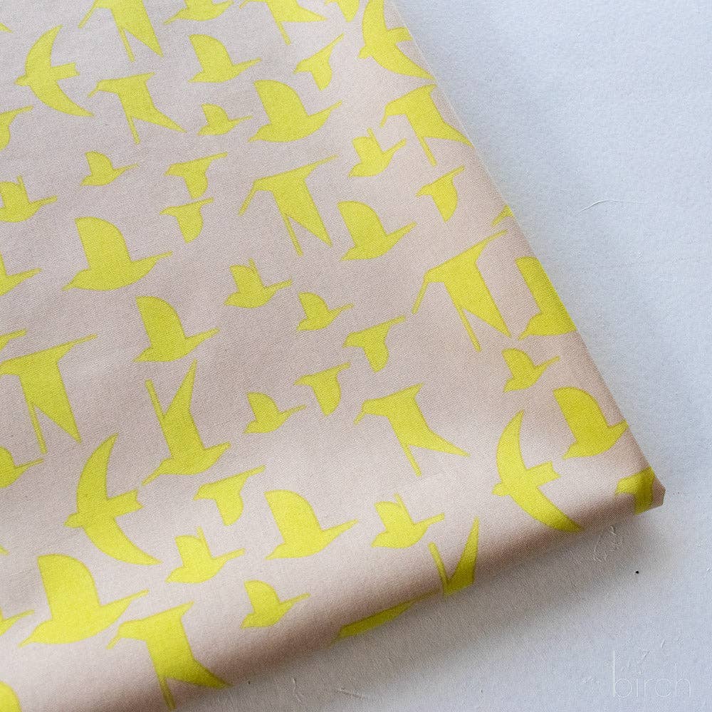 Birch Fabrics: Organic Cotton Poplin Maritime Birds Lemoncello 115 GSM Woven- by the Half Yard