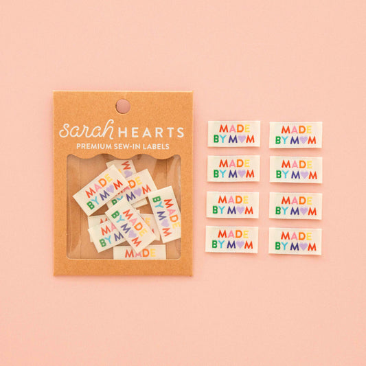 Notions: Sarah Hearts Made by Mom Woven Sewing Labels Rainbow Colors 8 labels- 1 pack