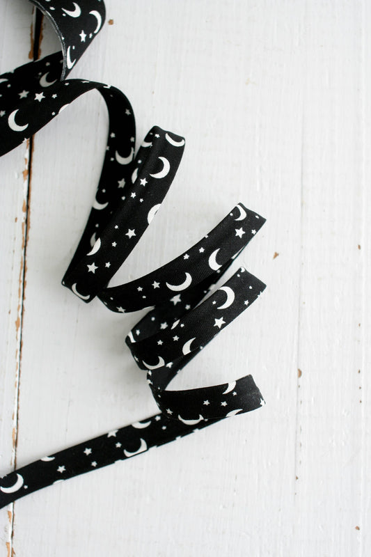 Web Only Sewing Supplies: 1/2" Double Fold Bias Binding Moon & Stars GLOW IN THE DARK- price per yard