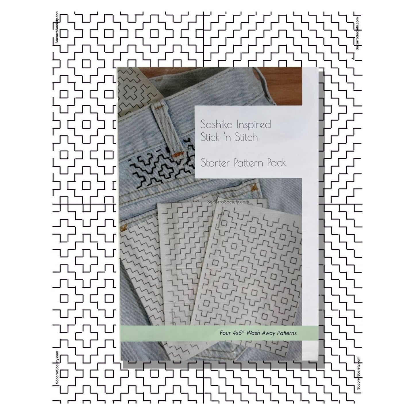Sashiko Inspired Stick 'n Stitch Starter Pattern Pack with fabric swatches on a white background