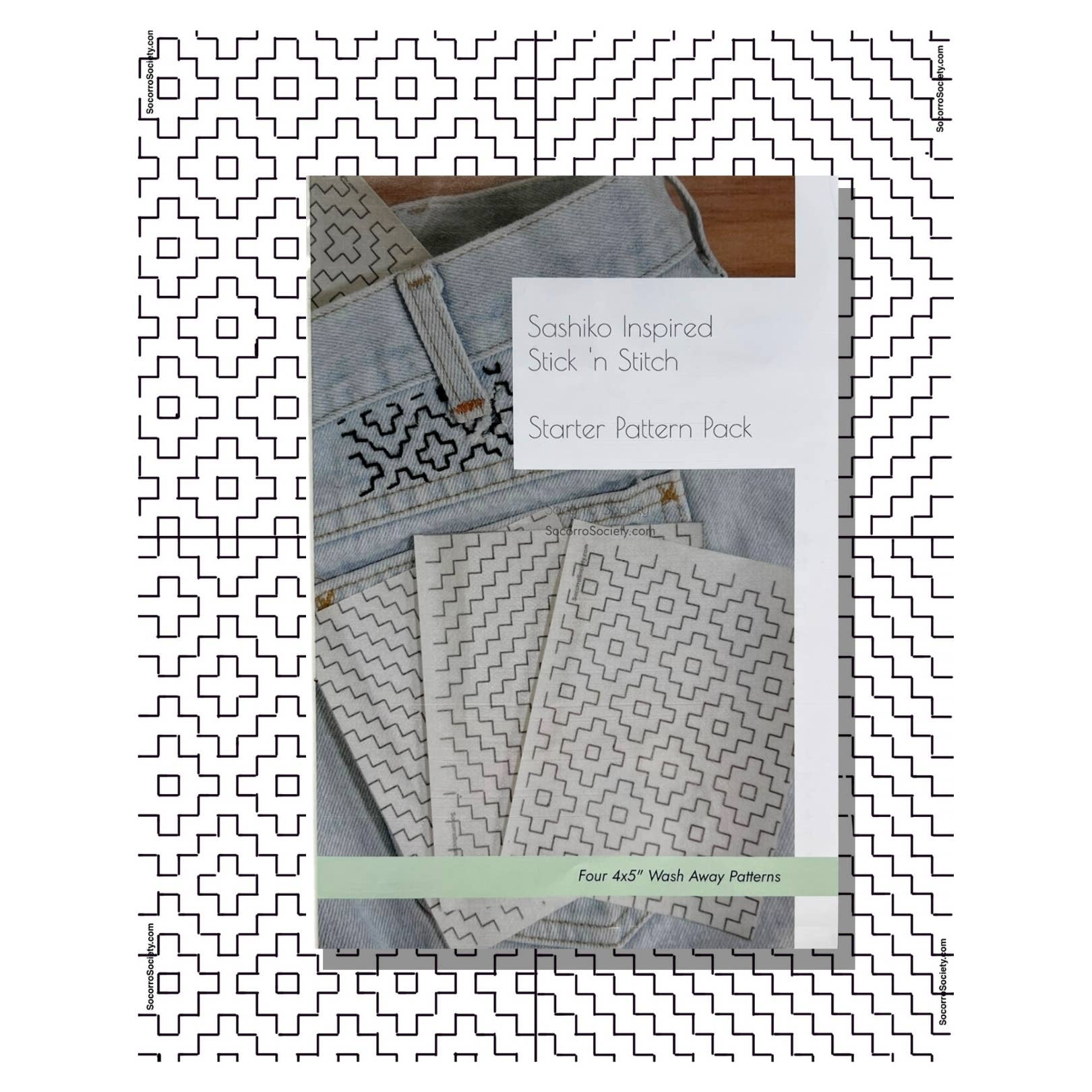 Sashiko Inspired Stick 'n Stitch Starter Pattern Pack with fabric swatches on a white background