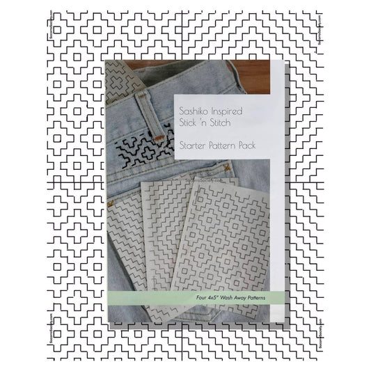 Sashiko Inspired Stick 'n Stitch Starter Pattern Pack with fabric swatches on a white background