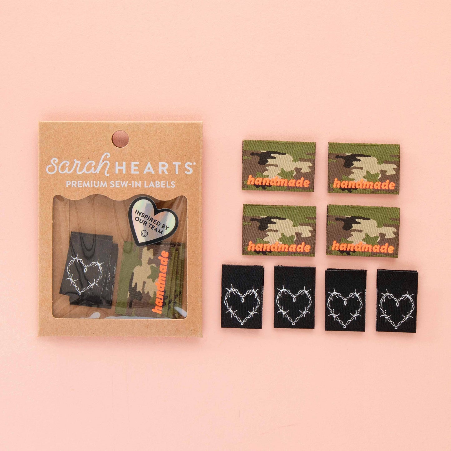 Sarah Hearts Camo and Barbed Wire Heart Multipack Woven Sewing Labels-1 pack