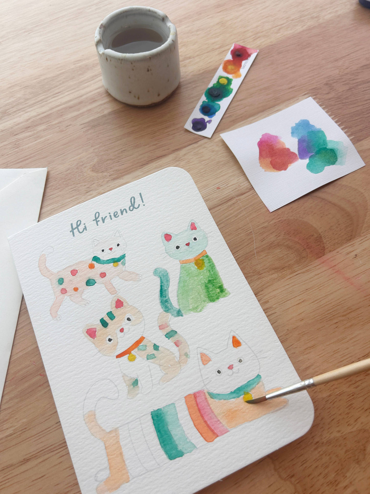 Analog Crafting: All in One Kitty Watercolor Greeting Card Kit, Kids Activity 5"x7" card- 1 Kit