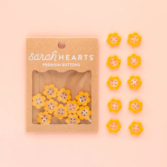 Notions: Sarah Hearts Yellow Daisy Small 5/8" Buttons -1 pack