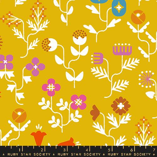 Moda Fabrics: Ruby Star Society  Salutations Goldenrod Cotton Linen Forget Me Not Woven- by the Half yard