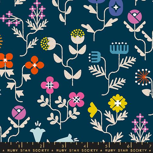 Moda Fabrics: Ruby Star Society  Salutations Navy Cotton Linen Retro Kitsch Woven- by the Half yard