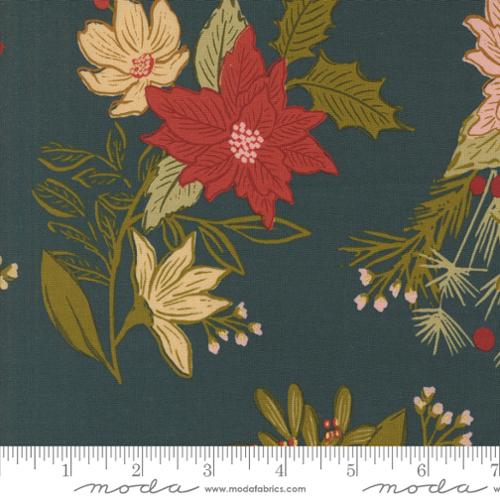 Floral fabric pattern with poinsettias and holly on a dark blue background, featuring Moda label. Teal background