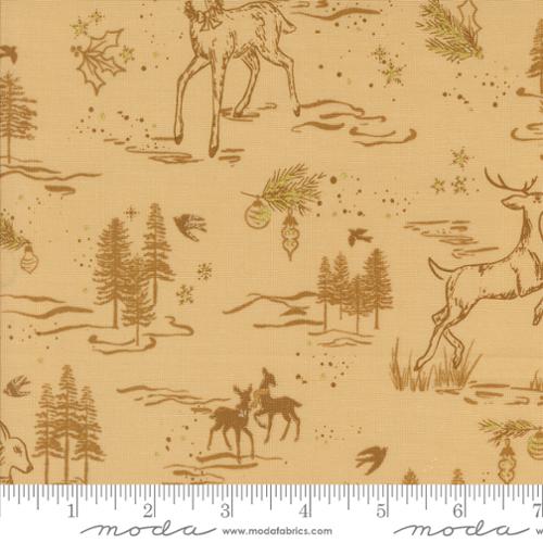 Fabric with deer and forest pattern on a beige background, featuring a ruler at the bottom. Old World Yuletide. Christmas Fabric