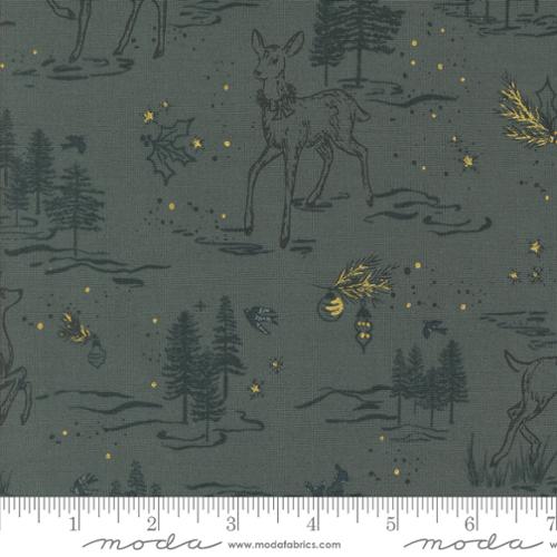 Holiday Collection: Moda Fabrics Dark Blue Oh Deer Toile Landscape and Snow Trees Metallic Quilting Cotton Woven- by the Half Yard