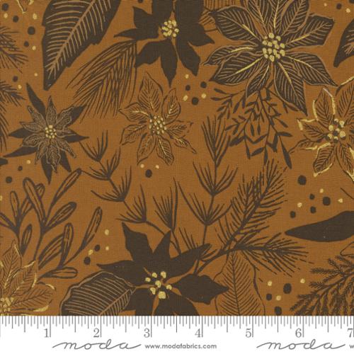 Holiday Collection: Moda Fabrics Brown Poinsettia Mix Florals Metallic Quilting Cotton Woven- by the Half Yard