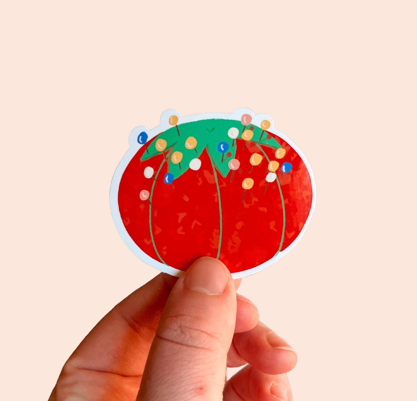 Stickers and Stationery: Red Pin Cushion Vinyl Sticker- (2.6"x 2.2")