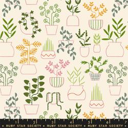 houseplants natural color of plants on cotton fabric in green pustard and pink. Stenciled in on natural cream ground. Ruby star society , calathea collection