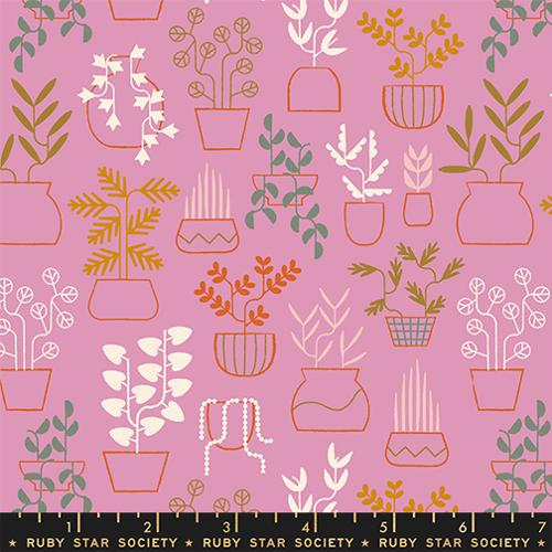 Moda Fabrics: Ruby Star Society Calathea Plant Life Novelty Pots Houseplants Pink Kiss Cotton Woven- by the half yard