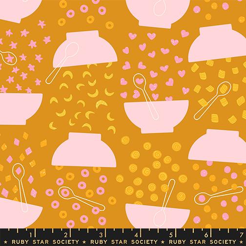 Moda Fabrics: Egg & Friends Ruby Star Society Flying Cereal Novelty Cereal Breakfast Food Gold Honey Cotton Woven- by the half yard