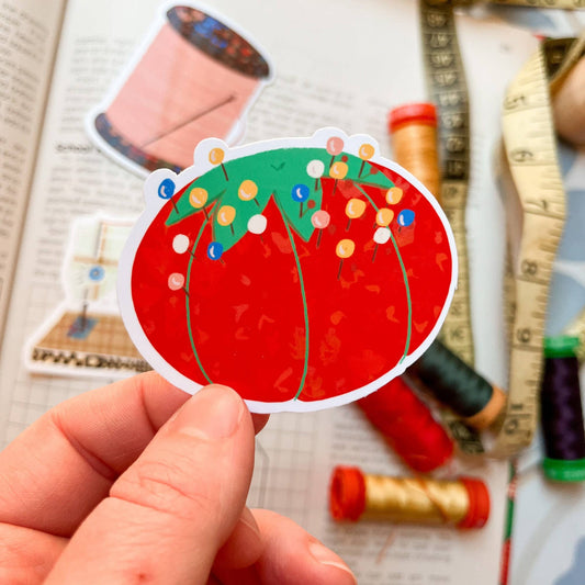Stickers and Stationery: Red Pin Cushion Vinyl Sticker- (2.6"x 2.2")