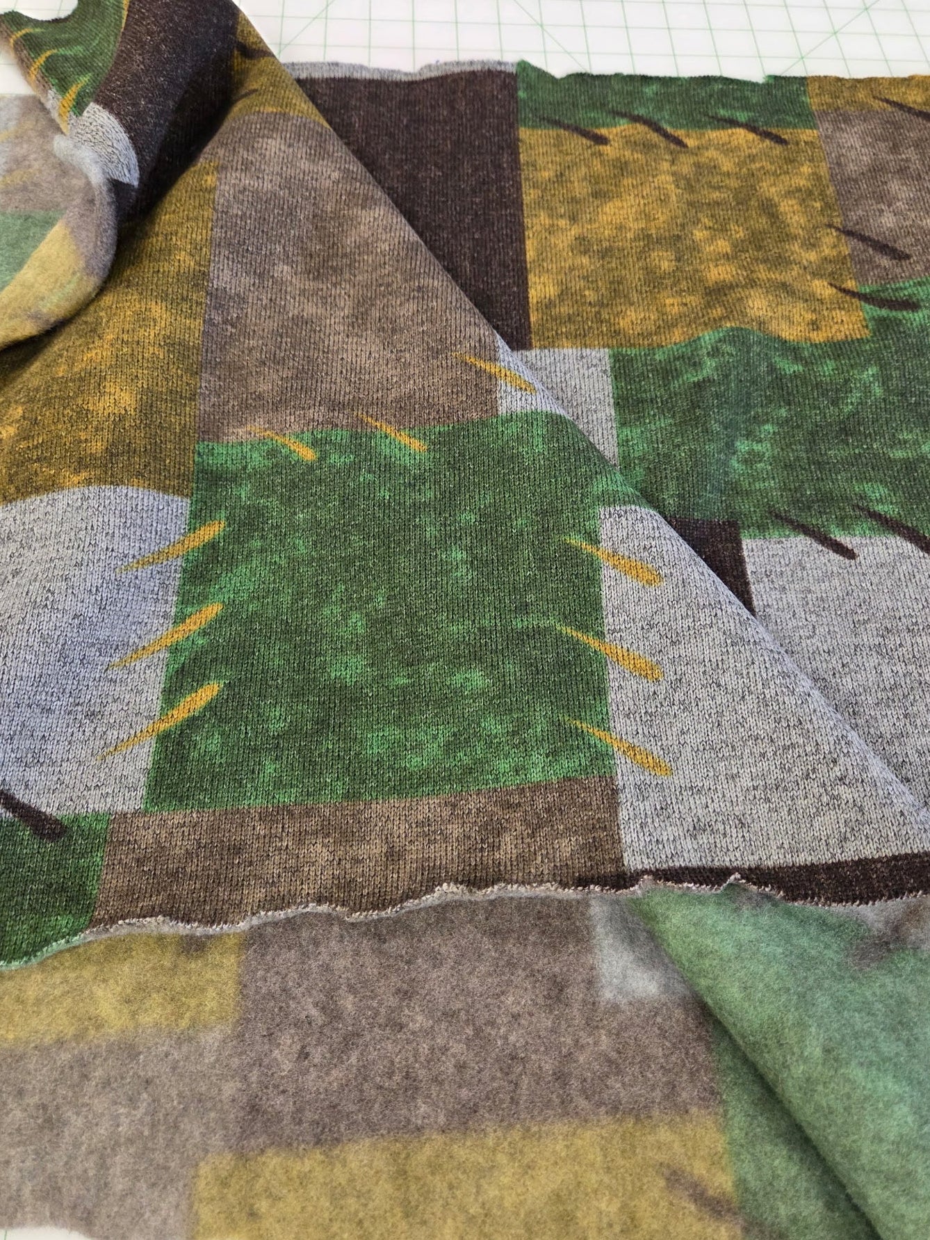 End of BOlt: 2 yards of Designer Deadstock Apparel Hacci Patchwork Green and Brown Printed Soft Fleece Knit-remnant