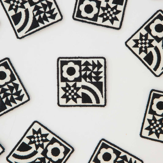 Notions: Sarah Hearts Woven Black Quilt Block Iron-On Patch- 1 pack