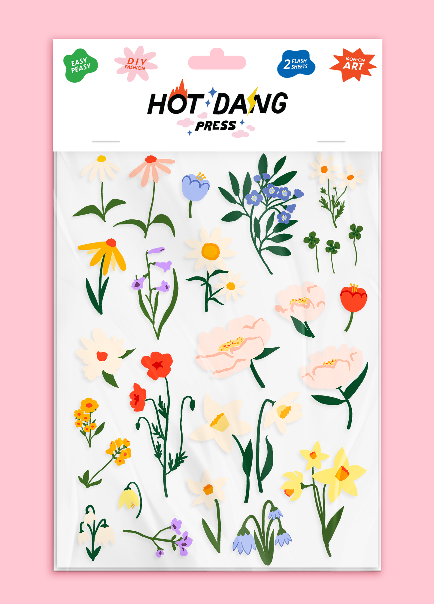 Sheet of floral stickers by Hot Dang Press on a pink background