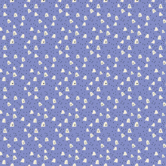 Pattern of small ghost faces on a blue background