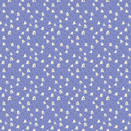 Pattern of small ghost faces on a blue background