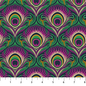 Figo Fabrics: Wild Abandon Peacock Midnight Feathers Cotton Woven- by the Half Yard