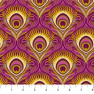 Figo Fabrics: Wild Abandon Peacock Midnight Feathers Fuchsia Cotton Woven- by the Half Yard
